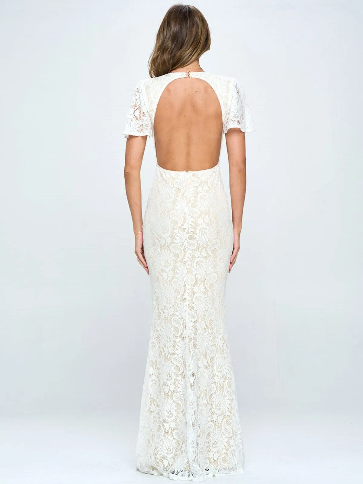 WOMEN'S SHORT SLEEVE V-NECK OPEN BACK LACE MAXI DRESS