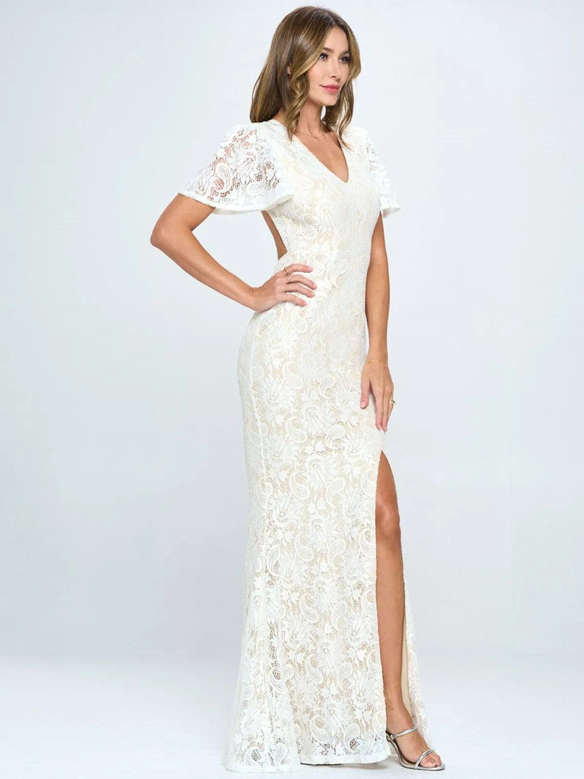 WOMEN'S SHORT SLEEVE V-NECK OPEN BACK LACE MAXI DRESS