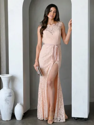 WOMEN'S SLEEVELESS BACK DETAILED ALL OVER LACE SELF TIE MAXI DRESS