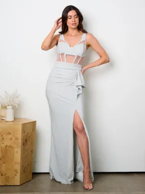 WOMEN'S SLEEVELESS OPEN BACK SLIT SHIMMER MESH MAXI DRESS