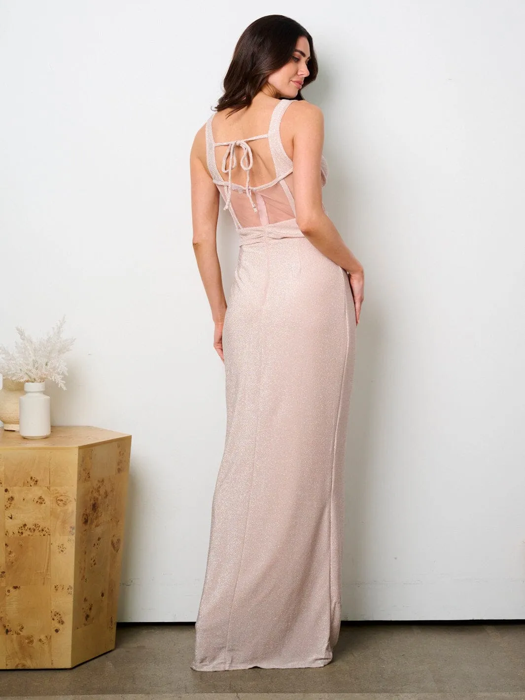 WOMEN'S SLEEVELESS OPEN BACK SLIT SHIMMER MESH MAXI DRESS