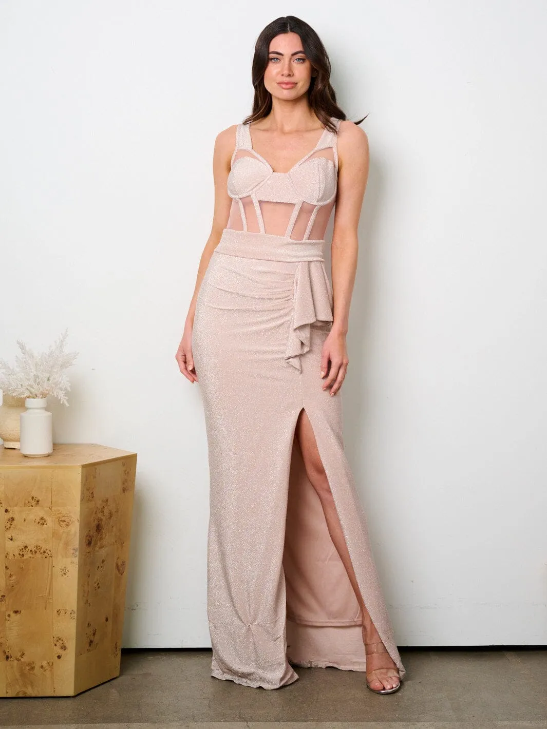 WOMEN'S SLEEVELESS OPEN BACK SLIT SHIMMER MESH MAXI DRESS