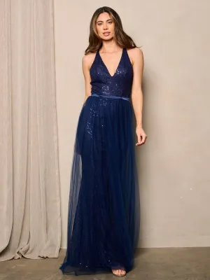 WOMEN'S SLEEVELESS V-NECK LACE SEQUINS MAXI DRESS