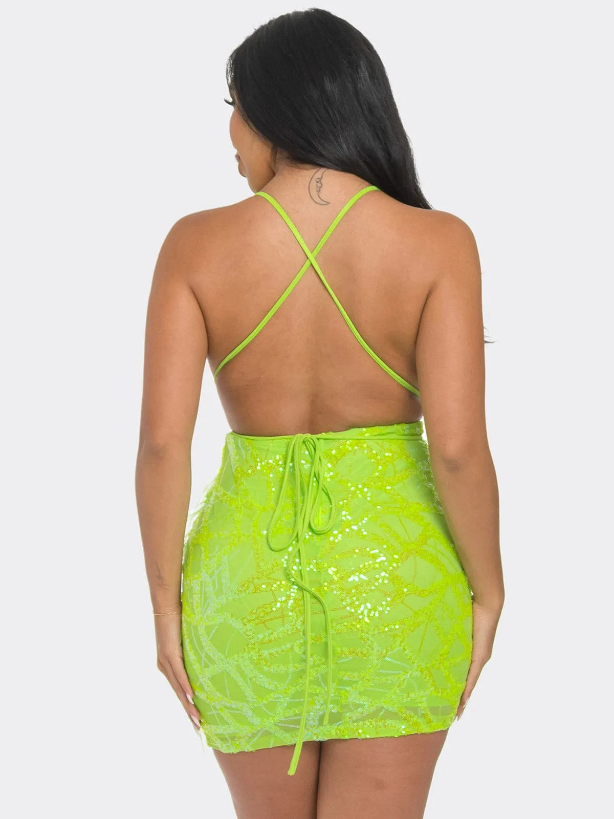 WOMEN'S SLEEVELESS V-NECK OPEN BACK BODYCON SEQUINS MINI DRESS