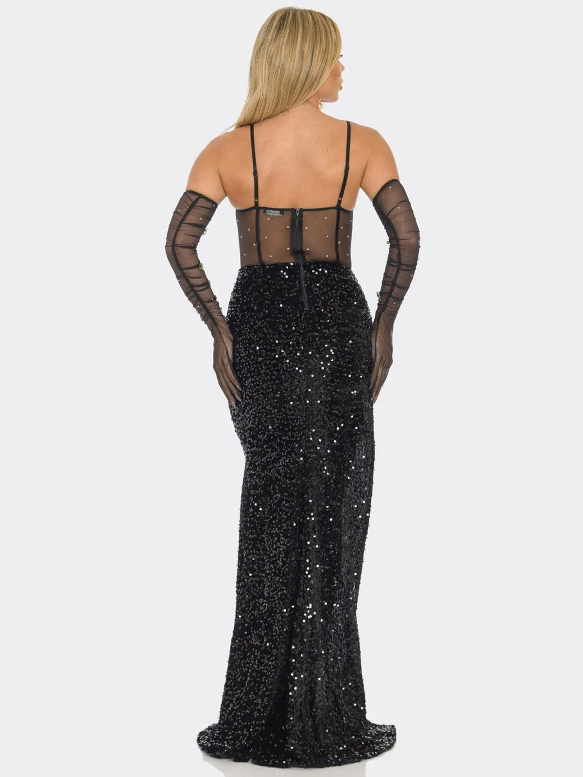 WOMEN'S SLEEVELESS V-NECK SIDE SLIT BODYCON SEQUINS MAXI DRESS