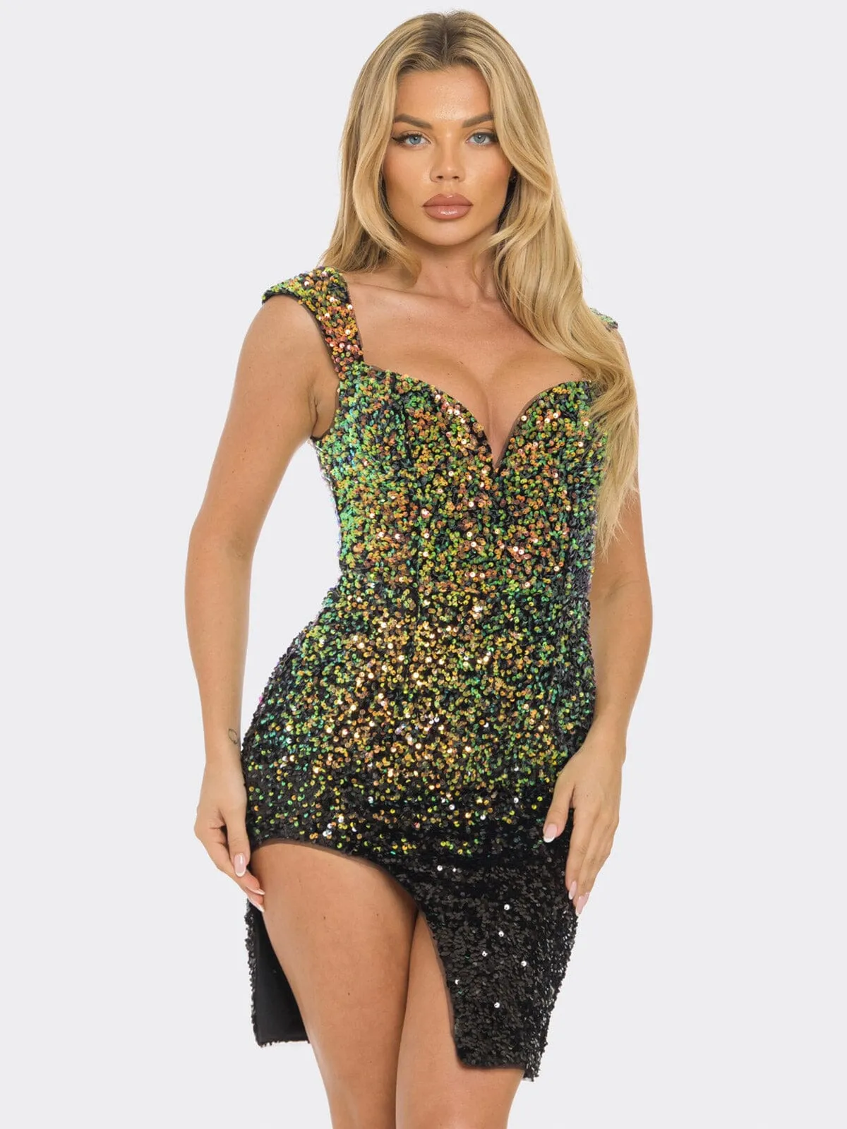 WOMEN'S SLEEVELESS V-NECK SIDE SLIT BODYCON SEQUINS MINI DRESS
