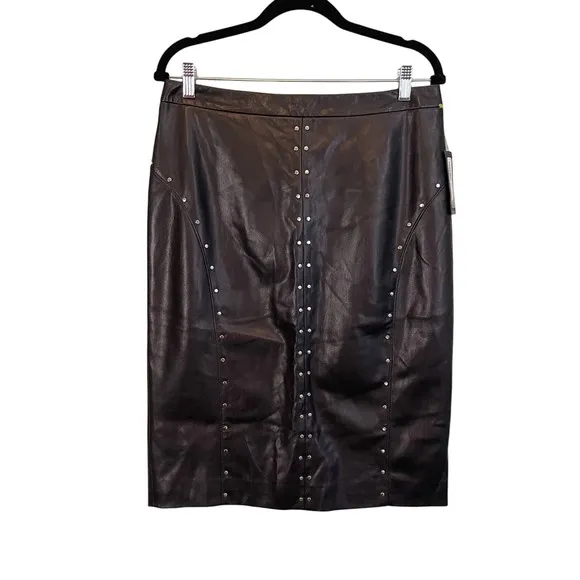 WORTHINGTON Skirt 10 Faux Leather Studded Zip Lined Slit Pencil Black NWT