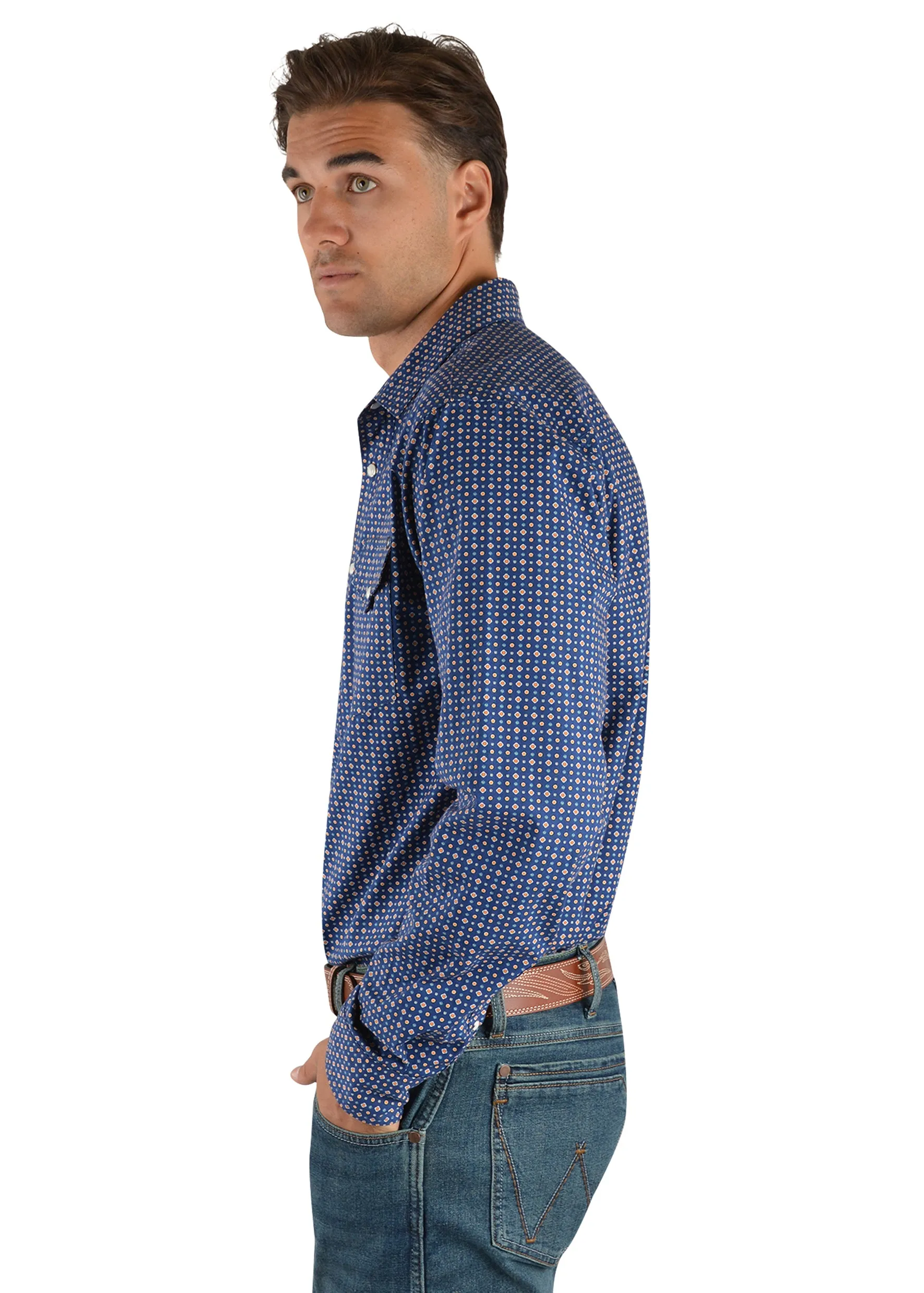 Wrangler Milton Print Mens Western Shirt Navy Orange