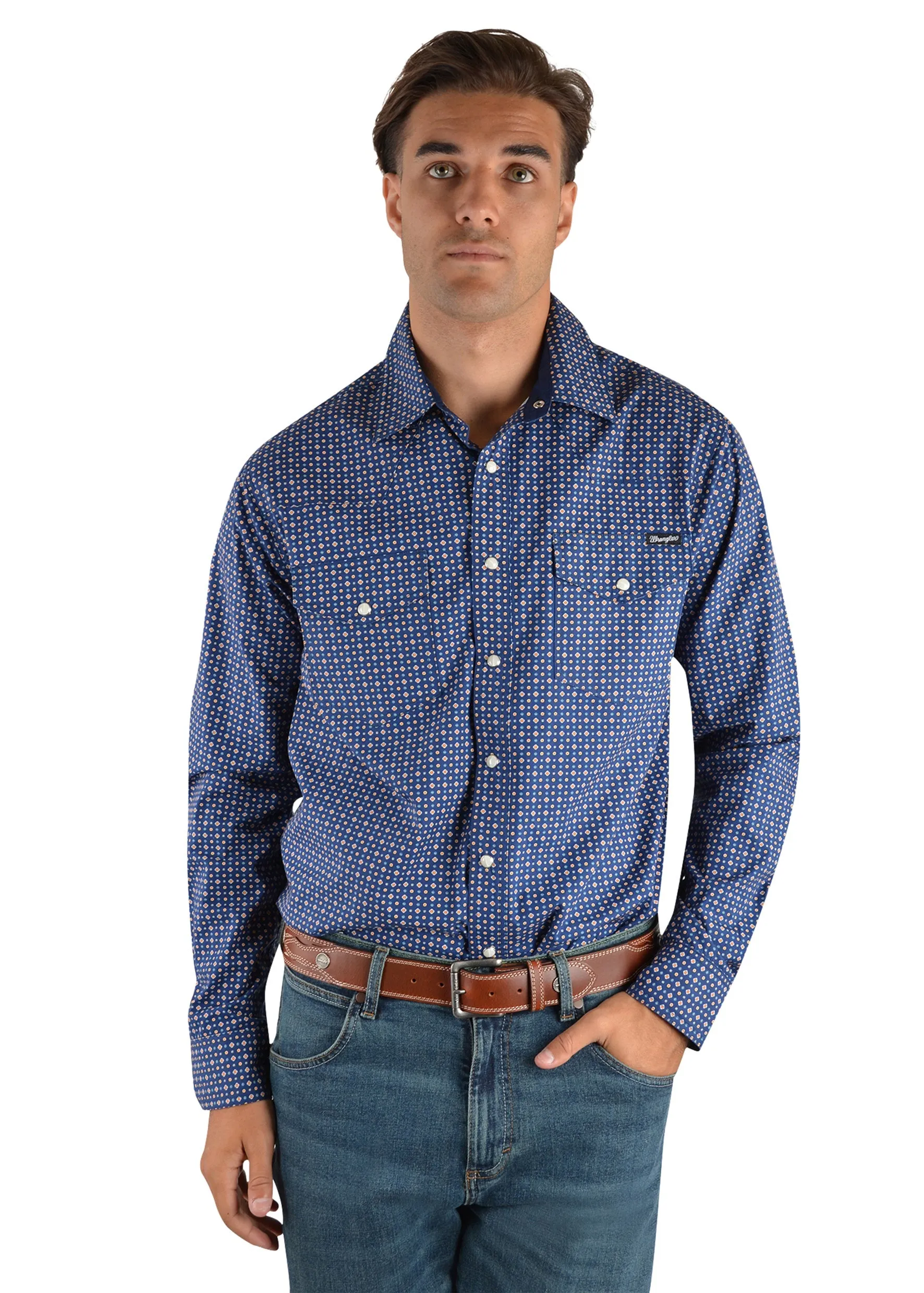 Wrangler Milton Print Mens Western Shirt Navy Orange