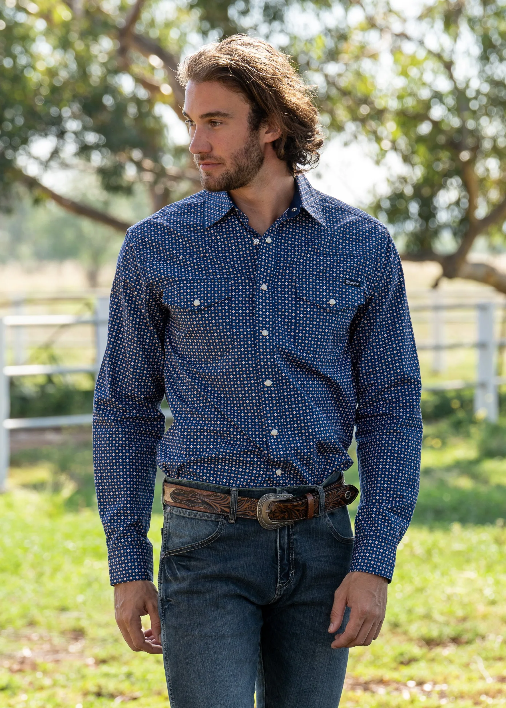 Wrangler Milton Print Mens Western Shirt Navy Orange