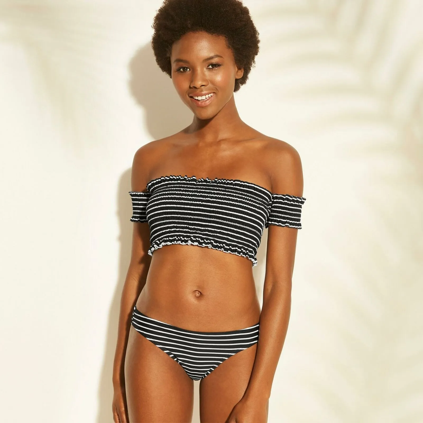 Xhilaration Smocked Underwire Off The Shoulder Bikini Top Black Stripe Small