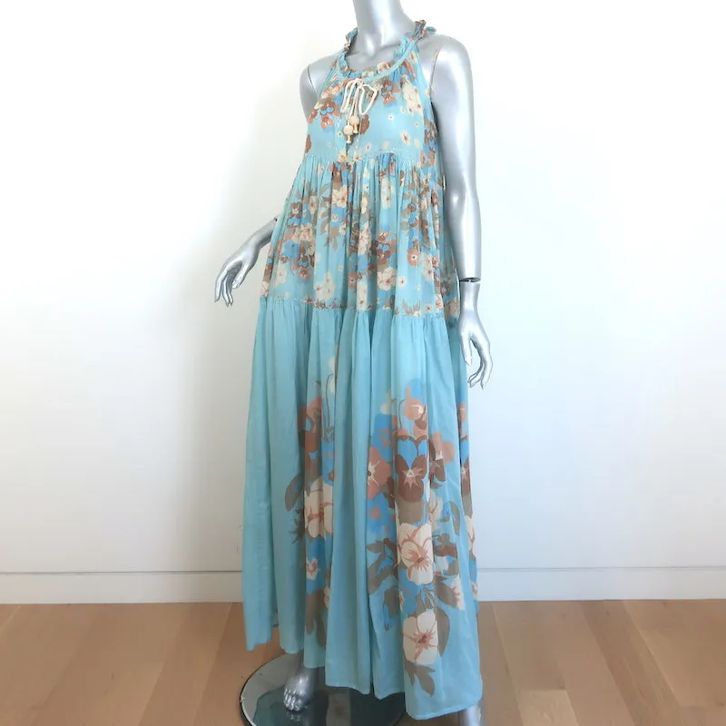 Yvonne S Tiered Maxi Dress Light Blue Floral Print Cotton Voile Size Medium