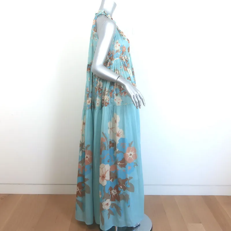 Yvonne S Tiered Maxi Dress Light Blue Floral Print Cotton Voile Size Medium