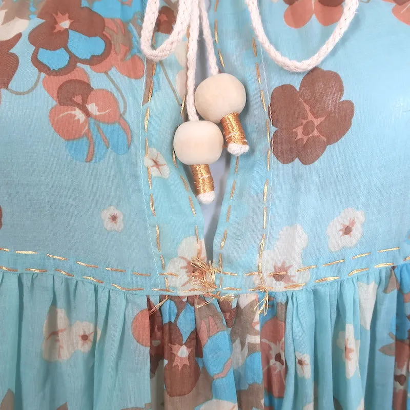 Yvonne S Tiered Maxi Dress Light Blue Floral Print Cotton Voile Size Medium