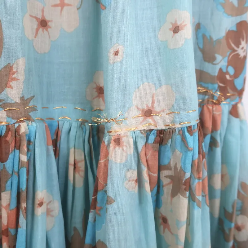 Yvonne S Tiered Maxi Dress Light Blue Floral Print Cotton Voile Size Medium