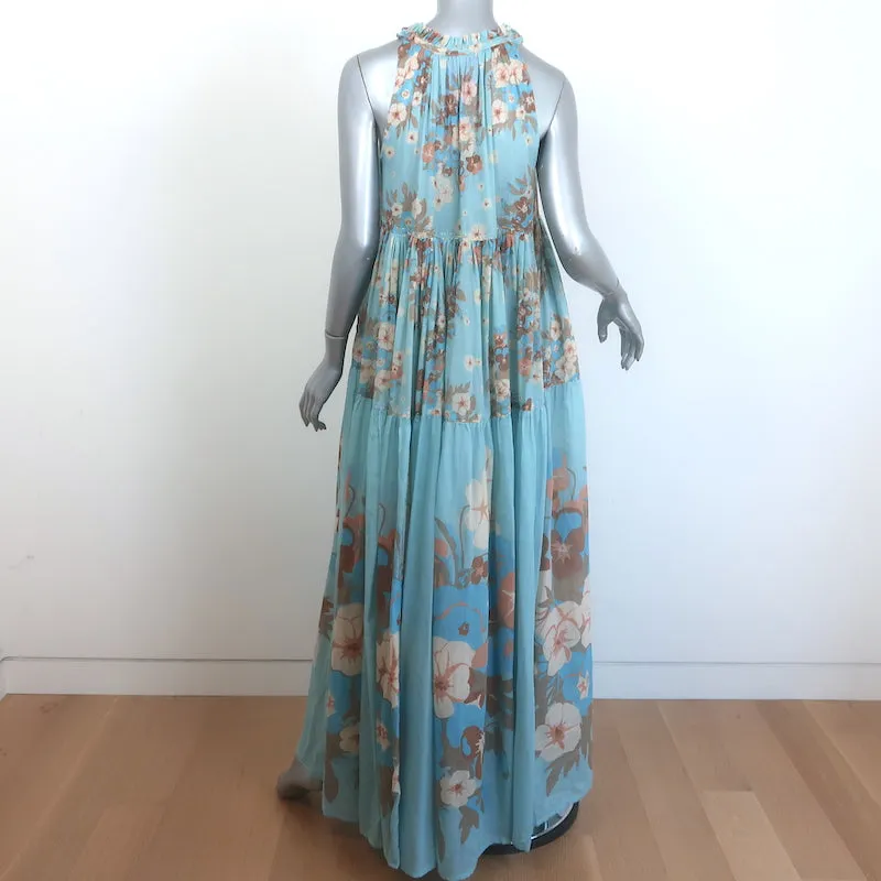 Yvonne S Tiered Maxi Dress Light Blue Floral Print Cotton Voile Size Medium