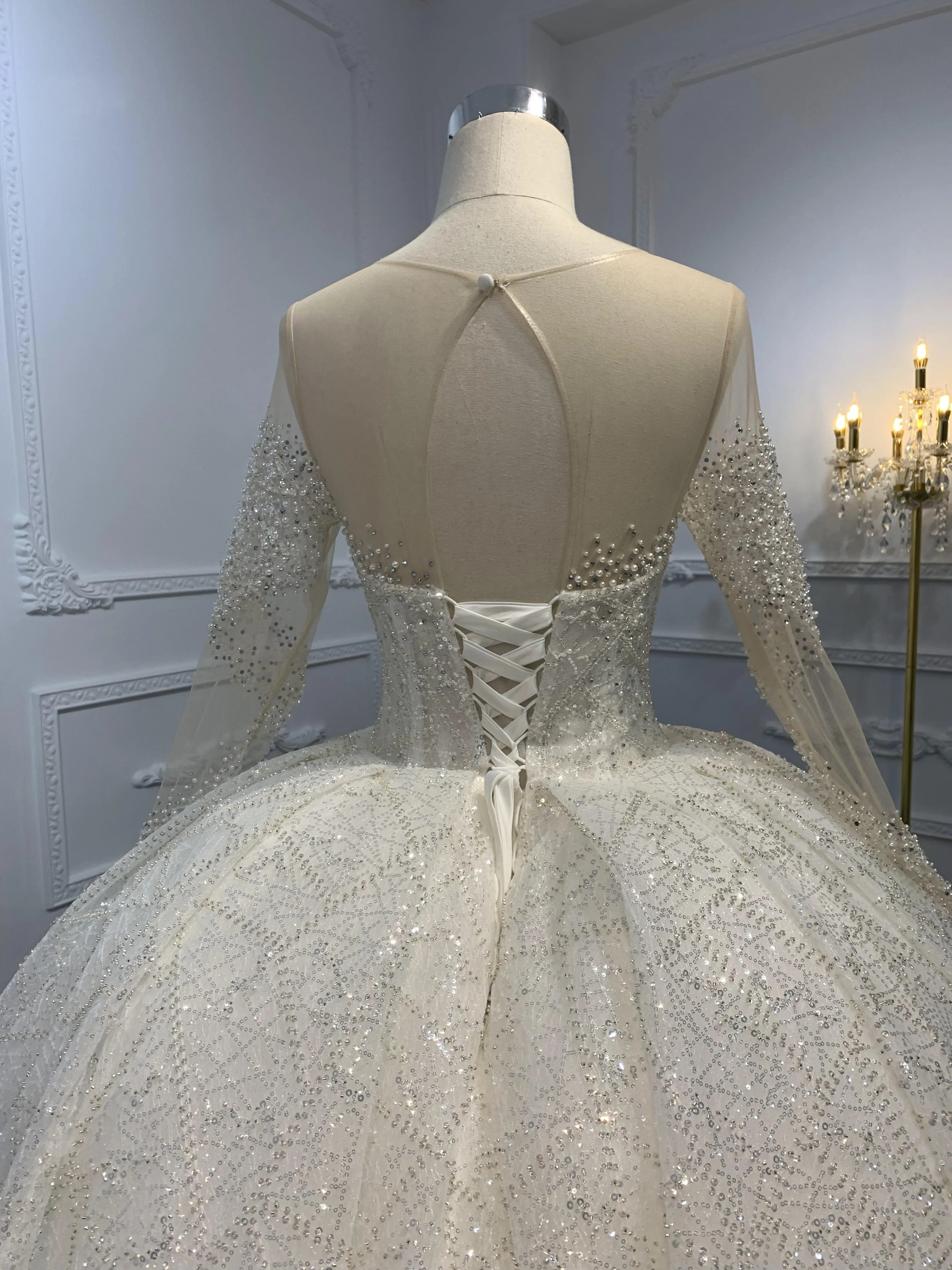 Z015- Ivory Long Sleeves Beading Wedding Ball Gown With Long Tail