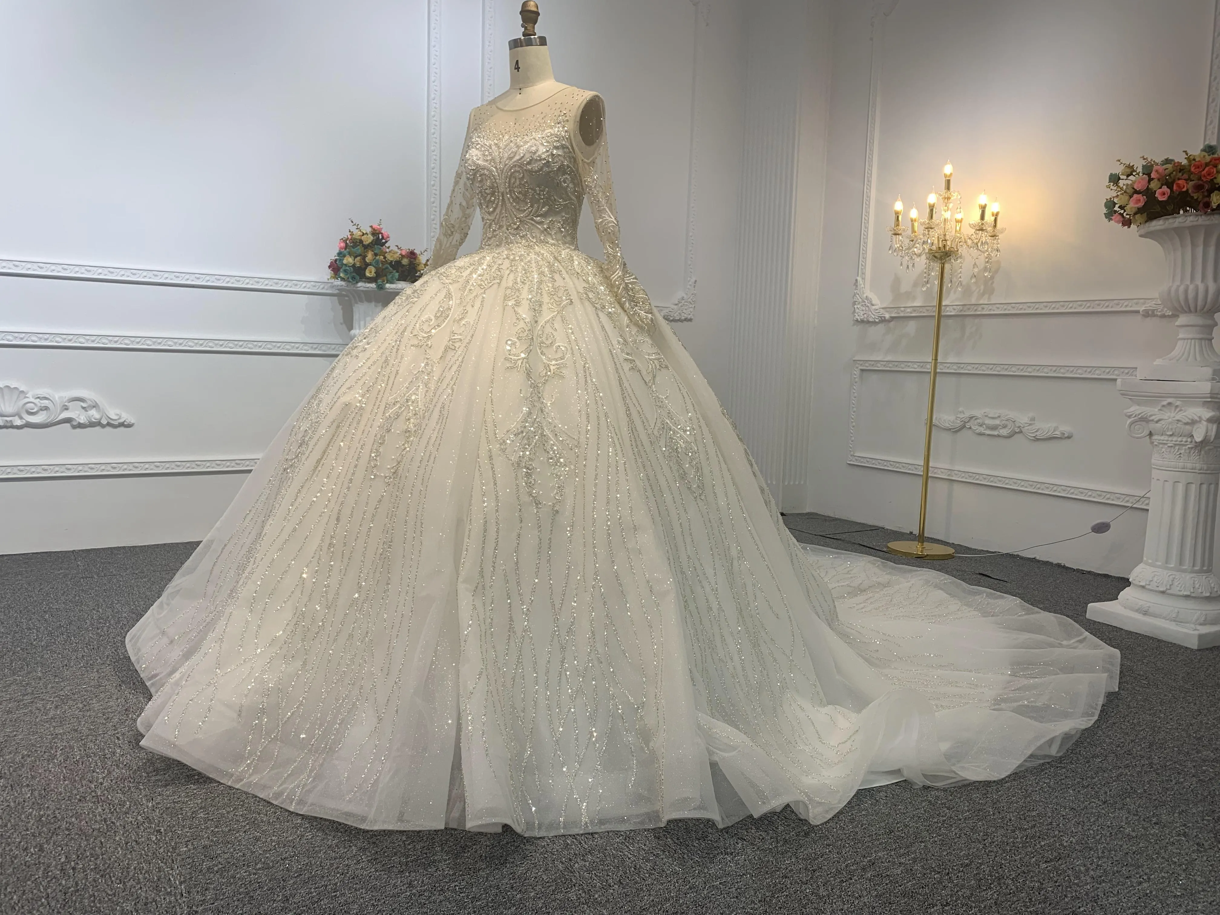Z038-BYG OWN DESIGN WITH LONG SLEEVES AND LUXURIOUS BEADING LACE BALL GOWN