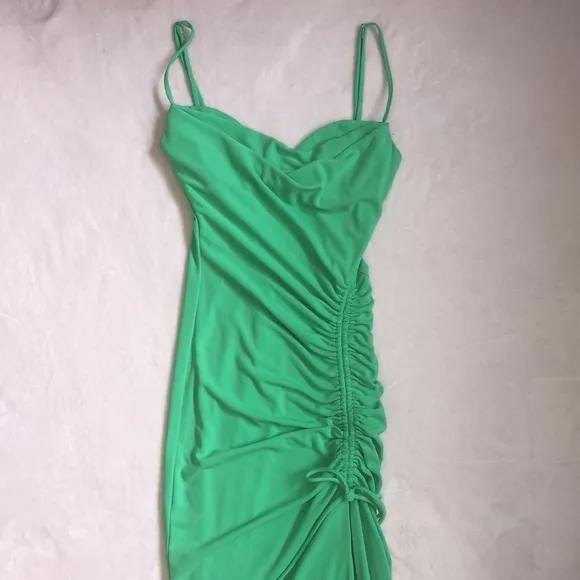Zara Bright Green Midi Bodycon Draped Sweetheart Neckline Fitted Dress
