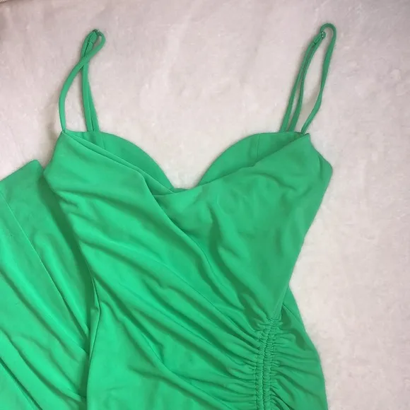 Zara Bright Green Midi Bodycon Draped Sweetheart Neckline Fitted Dress