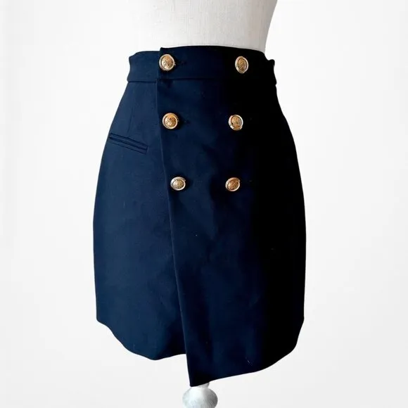 Zara High Waisted Navy Blue Button Front A-Line Wrap Mini Skirt Size XS/S