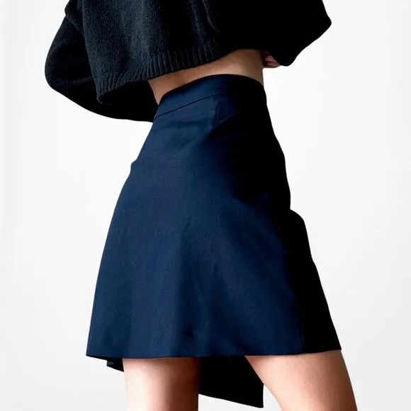 Zara High Waisted Navy Blue Button Front A-Line Wrap Mini Skirt Size XS/S