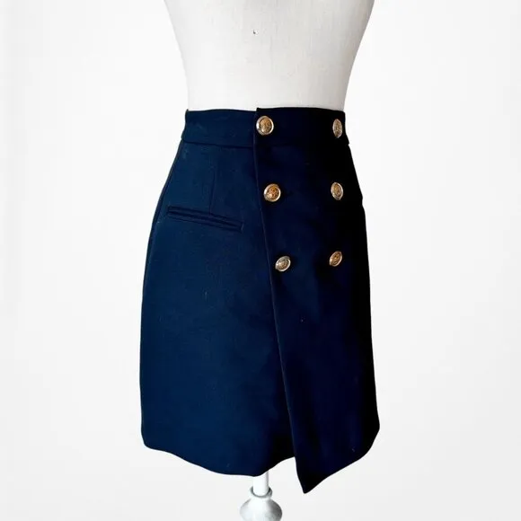 Zara High Waisted Navy Blue Button Front A-Line Wrap Mini Skirt Size XS/S
