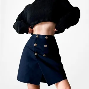 Zara High Waisted Navy Blue Button Front A-Line Wrap Mini Skirt Size XS/S