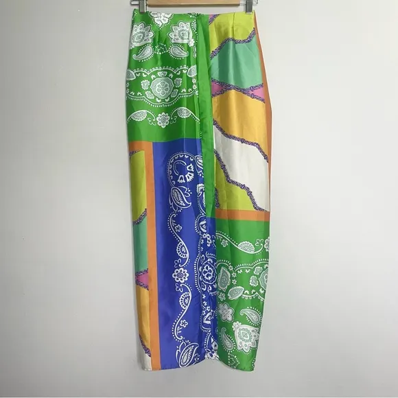 ZARA Mixed Print High Waisted Midi Skirt With Knot Pareo Green Paisley