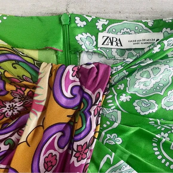 ZARA Mixed Print High Waisted Midi Skirt With Knot Pareo Green Paisley