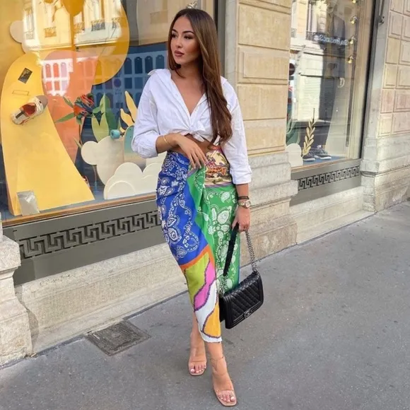 ZARA Mixed Print High Waisted Midi Skirt With Knot Pareo Green Paisley