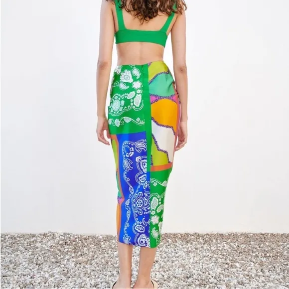 ZARA Mixed Print High Waisted Midi Skirt With Knot Pareo Green Paisley