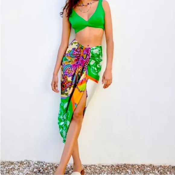 ZARA Mixed Print High Waisted Midi Skirt With Knot Pareo Green Paisley