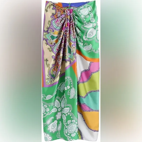 Zara Printed High Waisted Skirt With Knot Pareo MIDI Green Paisley 🦋