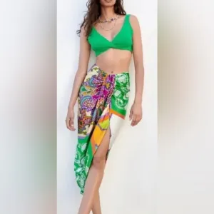 Zara Printed High Waisted Skirt With Knot Pareo MIDI Green Paisley 🦋