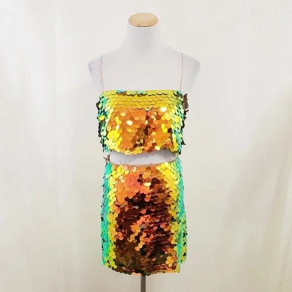 Zara sequin mini skirt golden rainbow disco chunky sequins sz small (skirt only)