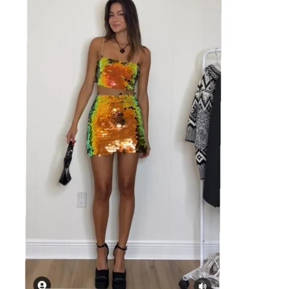 Zara sequin mini skirt golden rainbow disco chunky sequins sz small (skirt only)