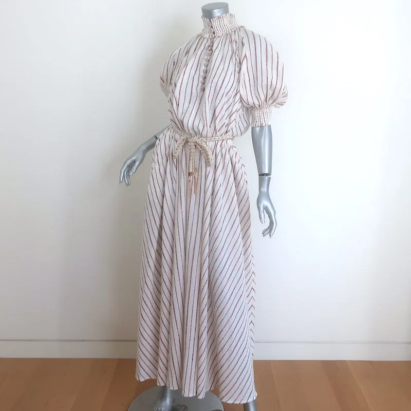 Zimmermann Devi Puff Sleeve Maxi Dress Ivory Metallic-Striped Cotton Size 0