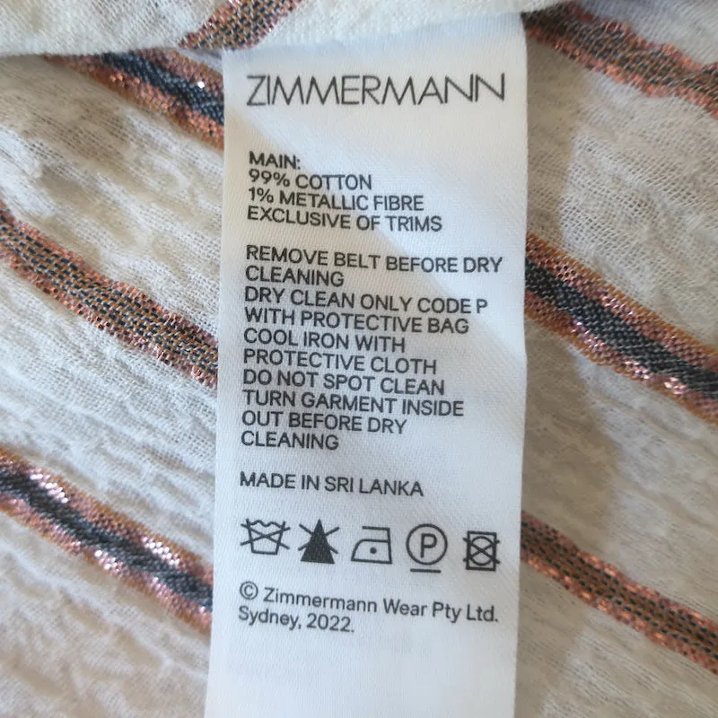 Zimmermann Devi Puff Sleeve Maxi Dress Ivory Metallic-Striped Cotton Size 0