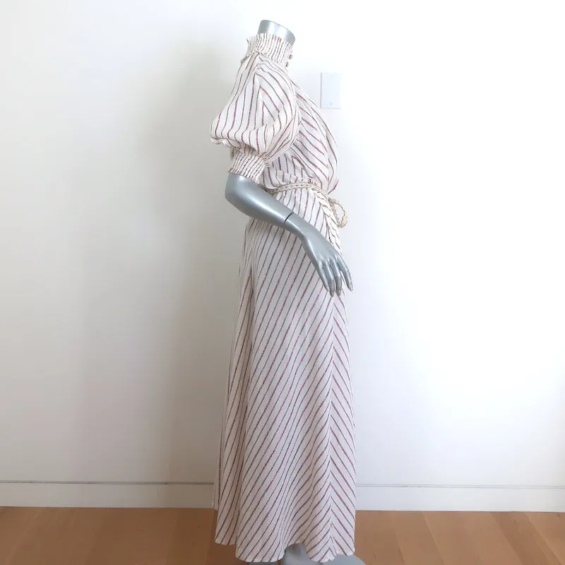 Zimmermann Devi Puff Sleeve Maxi Dress Ivory Metallic-Striped Cotton Size 0