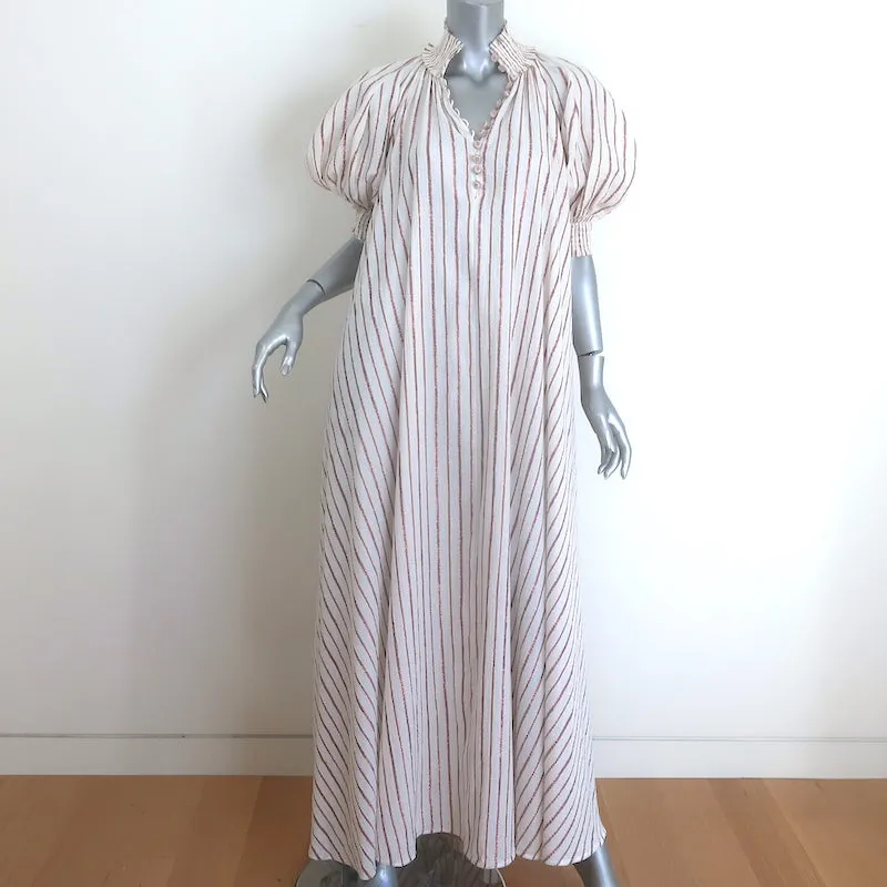 Zimmermann Devi Puff Sleeve Maxi Dress Ivory Metallic-Striped Cotton Size 0